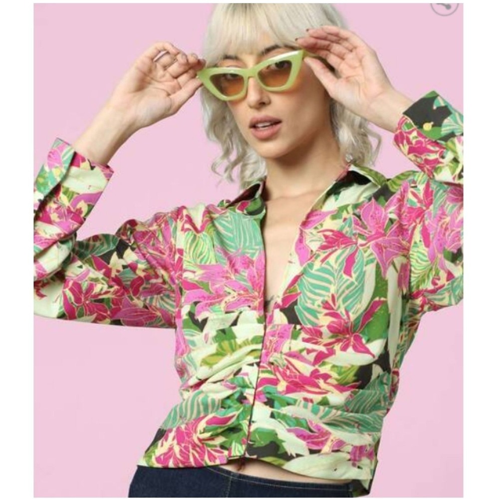 Y2K Tropical Crop Top Womens XS Green Pink Hawaiian Resort Party Ruched ONLY 34